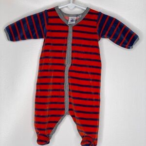 Petit Bateau red blue striped velvet sleeper footed romper Sz NB 50cm
